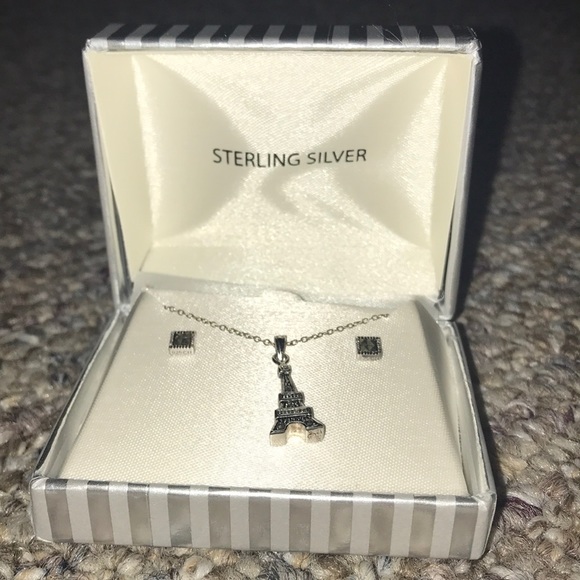 Sterling silver Eiffel Tower necklace and earrings